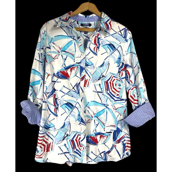 Chaps Ralph Lauren Shirt 1X No Iron Sailboat Nautical Flip Cuff Resort Wear Top - Picture 2 of 7